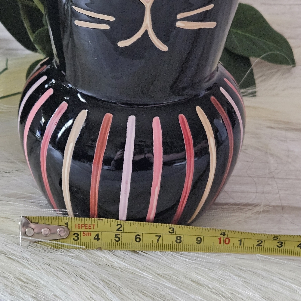 black cat art deco ceramic planter with pink and white accents stripes with cat - Picture 9 of 10